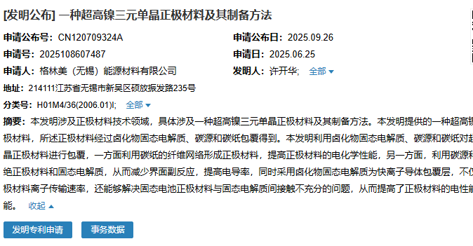 无锡格林美成功申请“一种超高镍三元单晶正极材料及其制备方法”专利 无锡格林美成功申请“一种超高镍三元单晶正极材料及其制备方法”专利